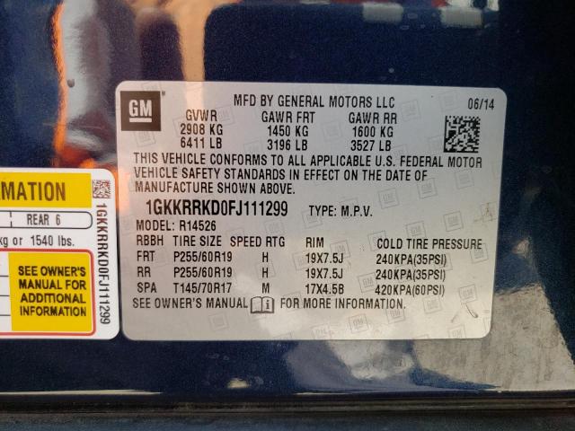 1GKKRRKD0FJ111299 - 2015 GMC ACADIA SLT-1 BLUE photo 13