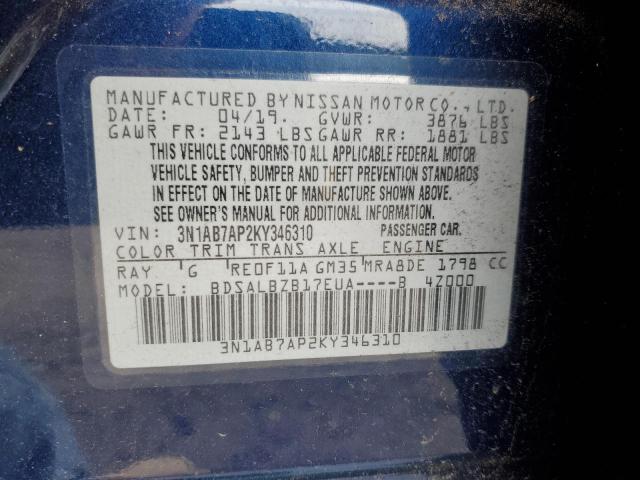 3N1AB7AP2KY346310 - 2019 NISSAN SENTRA S BLUE photo 12