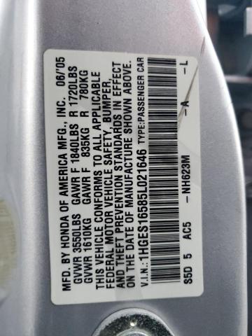 1HGES16585L021646 - 2005 HONDA CIVIC LX SILVER photo 12