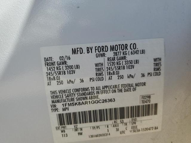 1FM5K8AR1GGC26363 - 2016 FORD EXPLORER POLICE INTERCEPTOR 白色 照片 14