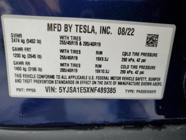5YJSA1E5XNF489385 - 2022 TESLA MODEL S Կապույտ լուսանկար 12