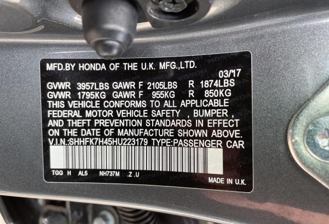 SHHFK7H45HU223179 - 2017 HONDA CIVIC SPORT 灰色 照片 10