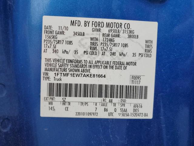 1FTMF1EW7AKE81664 - 2010 FORD F150 BLUE photo 12