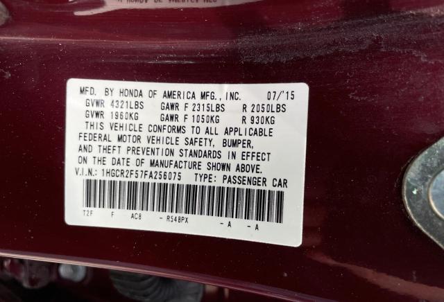 1HGCR2F57FA256075 - 2015 HONDA ACCORD SPORT MAROON photo 10