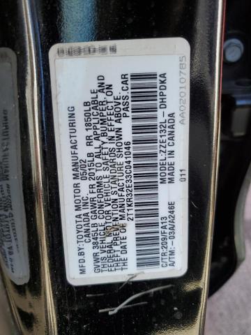 2T1KR32E33C041046 - 2003 TOYOTA COROLLA MA XR BLACK photo 12