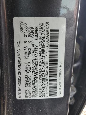 1HGCV1F12KA126959 - 2019 HONDA ACCORD LX GRAY photo 12