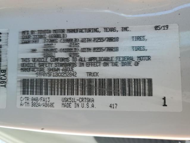 5TFRY5F12KX252842 - 2019 TOYOTA TUNDRA DOUBLE CAB SR/SR5 WHITE photo 12