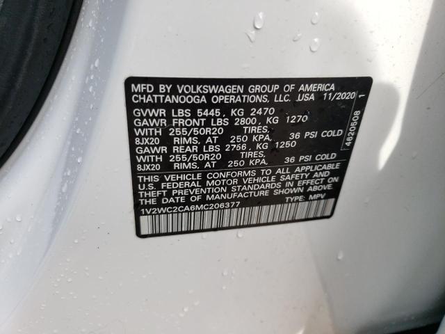 1V2WC2CA6MC206377 - 2021 VOLKSWAGEN ATLAS CROS SE WHITE photo 12