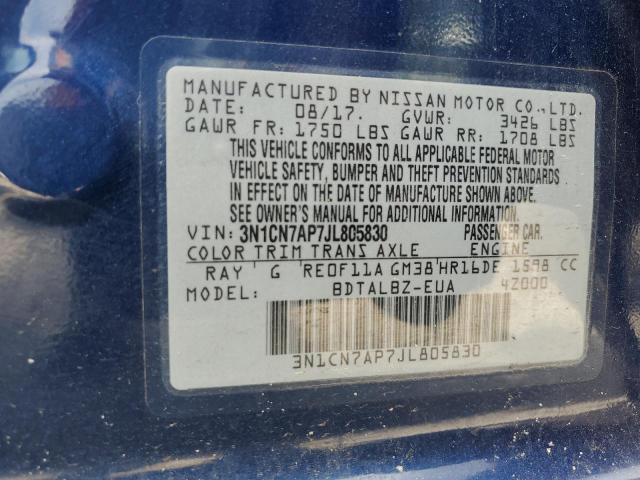 3N1CN7AP7JL805830 - 2018 NISSAN VERSA S BLUE photo 13