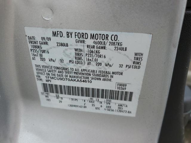 1FMCU9D70AKA54610 - 2010 FORD ESCAPE XLT SILVER photo 12