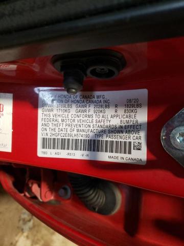 2HGFC2E89LH574190 - 2020 HONDA CIVIC SPORT 红色 照片 12