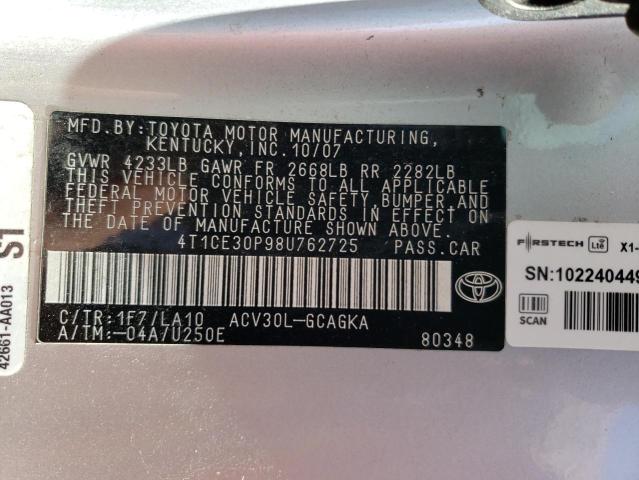 4T1CE30P98U762725 - 2008 TOYOTA CAMRY SOLA SE SILVER photo 12