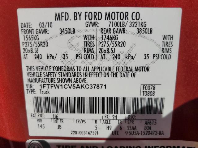 1FTFW1CV5AKC37871 - 2010 FORD F150 SUPERCREW RED photo 13