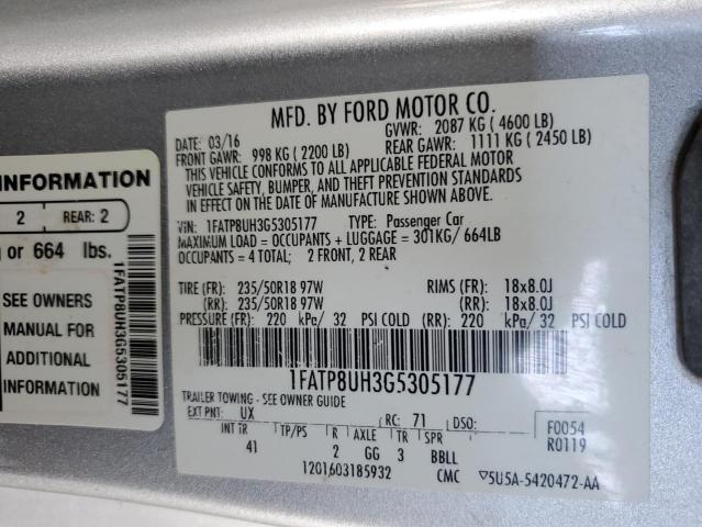 1FATP8UH3G5305177 - 2016 FORD MUSTANG SILVER photo 13