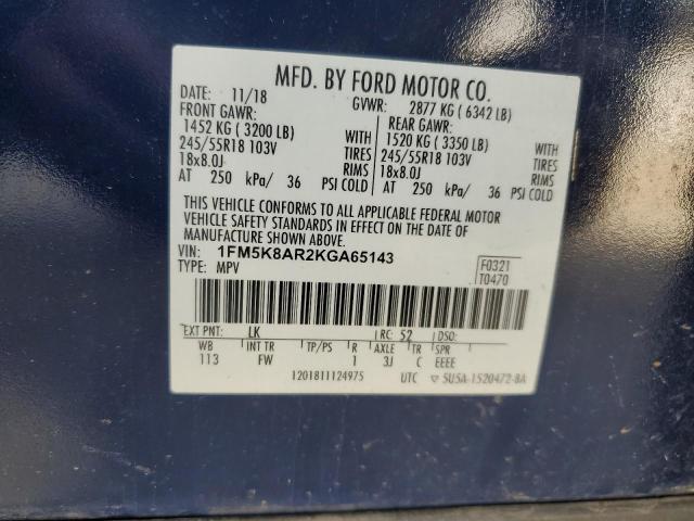 1FM5K8AR2KGA65143 - 2019 FORD EXPLORER POLICE INTERCEPTOR أزرق صورة 12