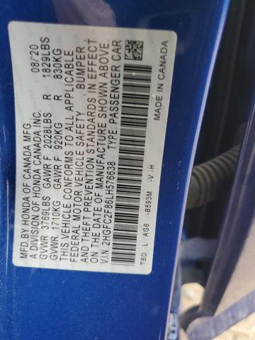 2HGFC2F86LH576638 - 2020 HONDA CIVIC SPORT 蓝色 照片 12
