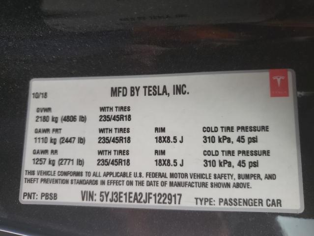 5YJ3E1EA2JF122917 - 2018 TESLA MODEL 3 BLACK photo 13