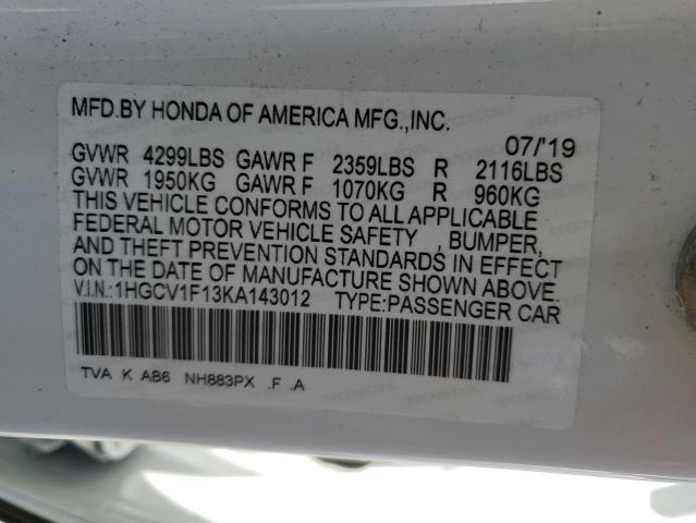 1HGCV1F13KA143012 - 2019 HONDA ACCORD LX WHITE photo 12