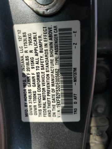 19XFB2F53DE005662 - 2013 HONDA CIVIC LX GRAY photo 13