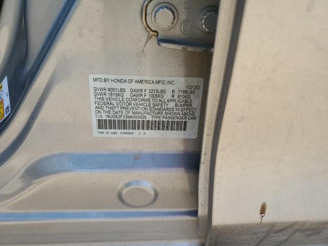 19UDE2F33MA000026 - 2021 ACURA ILX GRAY photo 12