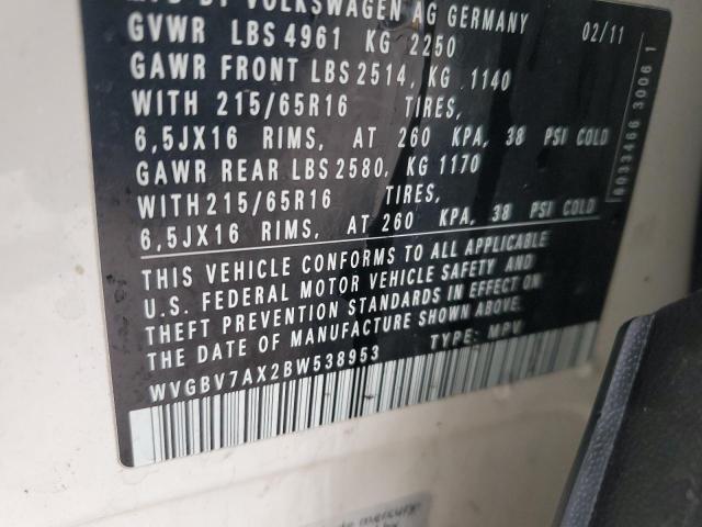 WVGBV7AX2BW538953 - 2011 VOLKSWAGEN TIGUAN S WHITE photo 13