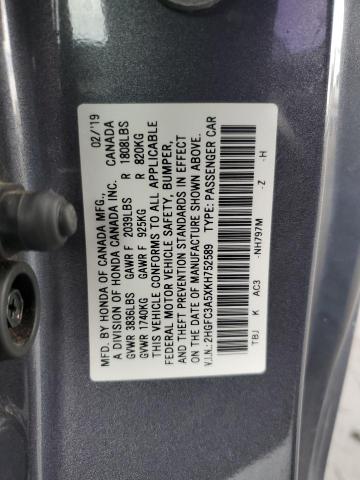 2HGFC3A5XKH752589 - 2019 HONDA CIVIC SI GRAY photo 12