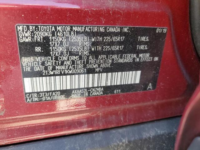 2T3W1RFV1KW009061 - 2019 TOYOTA RAV4 XLE RED photo 12