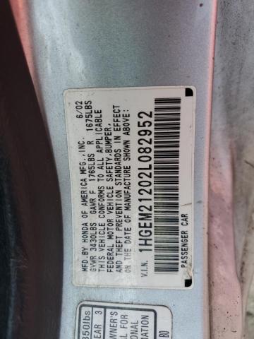 1HGEM21202L082952 - 2002 HONDA CIVIC DX SILVER photo 12