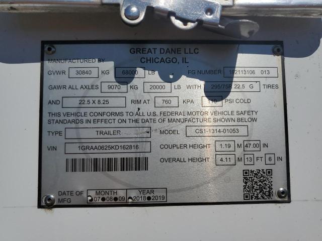 1GRAA0625KD162816 - 2019 GREAT DANE TRAILER DRY VAN WHITE photo 10