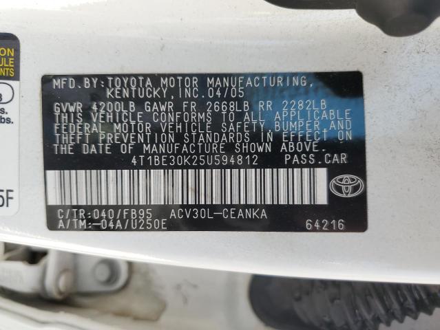 4T1BE30K25U594812 - 2005 TOYOTA CAMRY LE WHITE photo 12