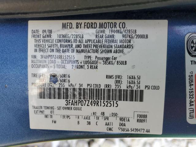 3FAHP07Z49R152515 - 2009 FORD FUSION SE BLUE photo 12