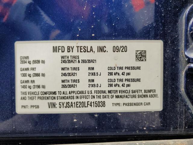 5YJSA1E20LF415038 - 2020 TESLA MODEL S BLUE photo 13