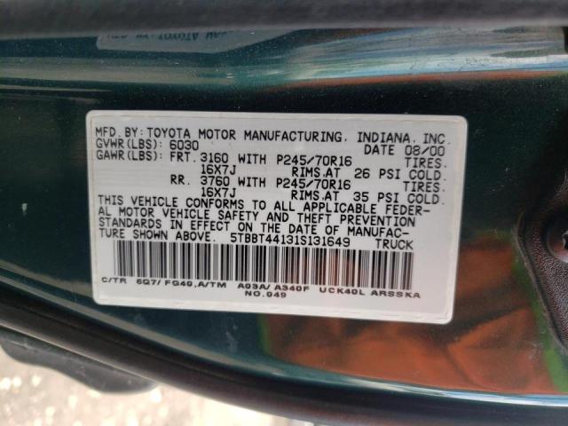 5TBBT44131S131649 - 2001 TOYOTA TUNDRA ACCESS CAB Vert photo 10