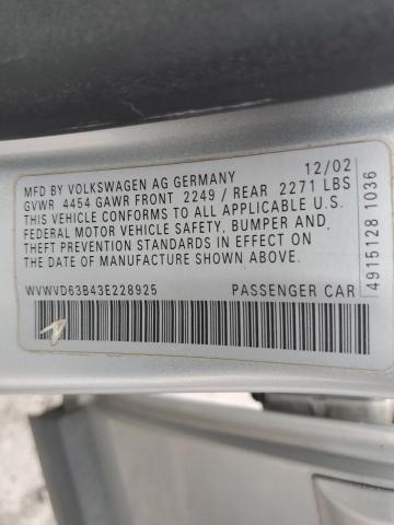 WVWVD63B43E228925 - 2003 VOLKSWAGEN PASSAT GLS SILVER photo 12