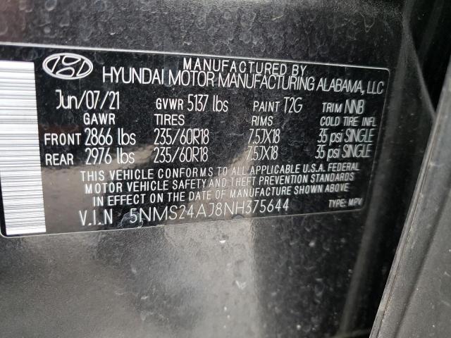 5NMS24AJ8NH375644 - 2022 HYUNDAI SANTA FE SEL Սև լուսանկար 12