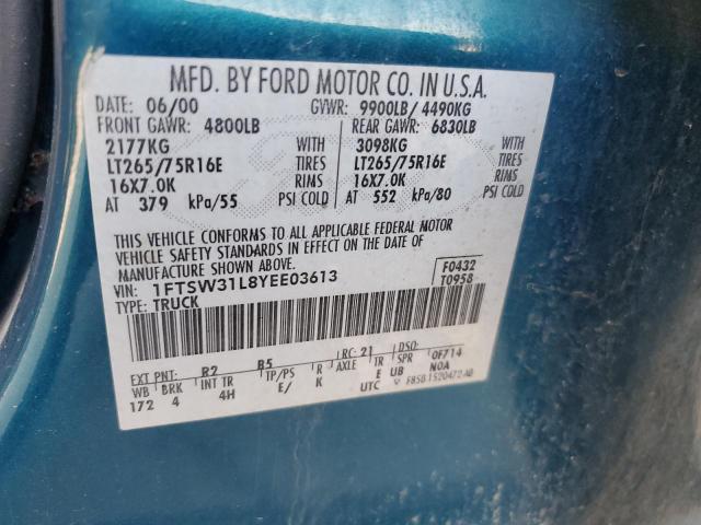 1FTSW31L8YEE03613 - 2000 FORD F350 SRW SUPER DUTY BLUE photo 12