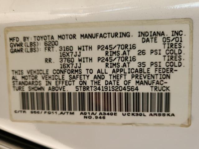 5TBRT34191S204564 - 2001 TOYOTA TUNDRA ACCESS CAB თეთრი ფოტო 12