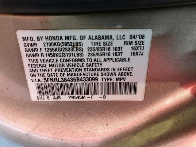 5FNRL38436B433099 - 2006 HONDA ODYSSEY EX BEIGE photo 13