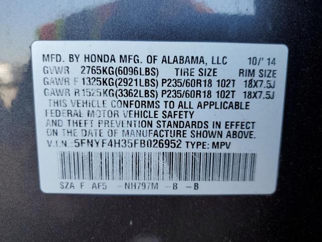 5FNYF4H35FB026952 - 2015 HONDA PILOT SE GRAY photo 13