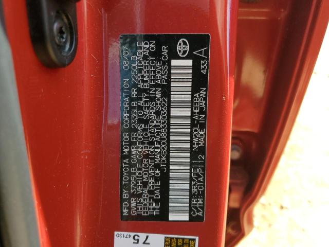 JTDKB20U883303622 - 2008 TOYOTA PRIUS RED photo 12