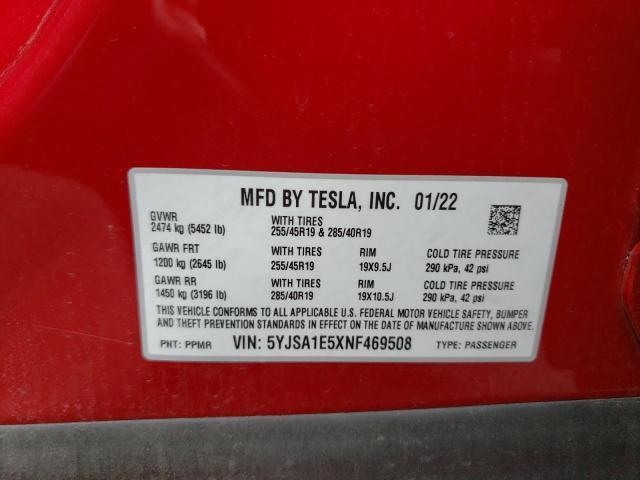 5YJSA1E5XNF469508 - 2022 TESLA MODEL S RED photo 13