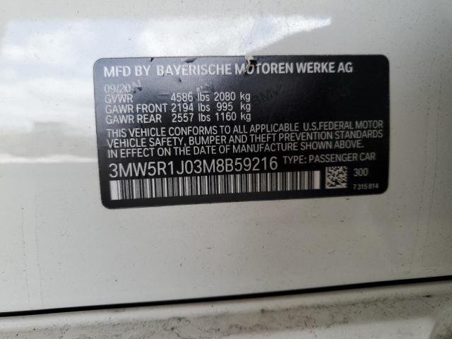 3MW5R1J03M8B59216 - 2021 BMW 330I WHITE photo 13