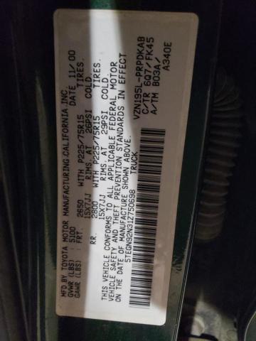 5TEGN92N31Z750698 - 2001 TOYOTA TACOMA DOUBLE CAB PRERUNNER GREEN photo 12