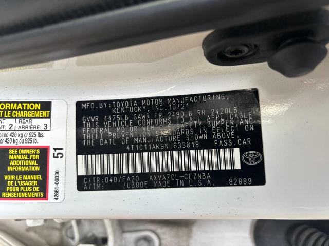 4T1C11AK9NU633818 - 2022 TOYOTA CAMRY LE WHITE photo 10