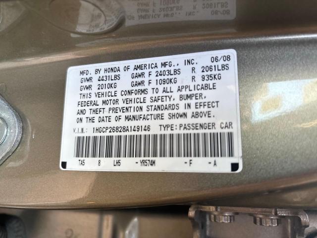 1HGCP26828A149146 - 2008 HONDA ACCORD EXL GOLD photo 10