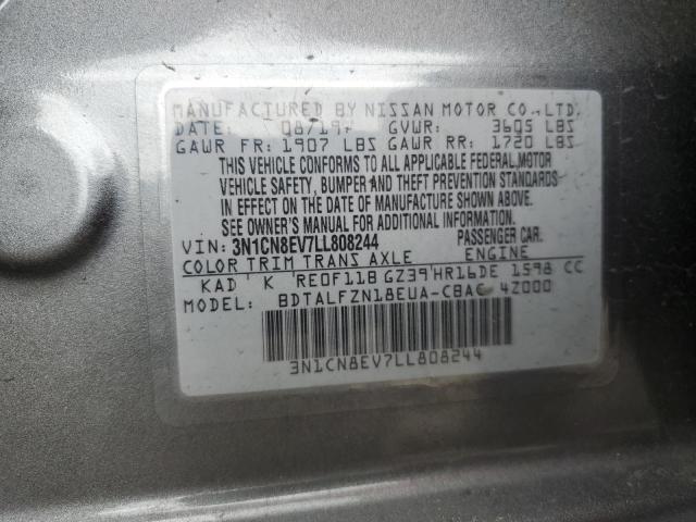 3N1CN8EV7LL808244 - 2020 NISSAN VERSA SV GRAY photo 12