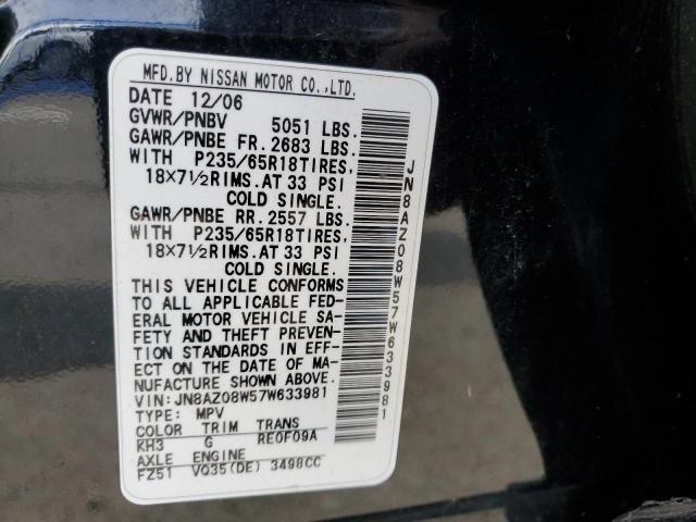 JN8AZ08W57W633981 - 2007 NISSAN MURANO SL BLACK photo 12