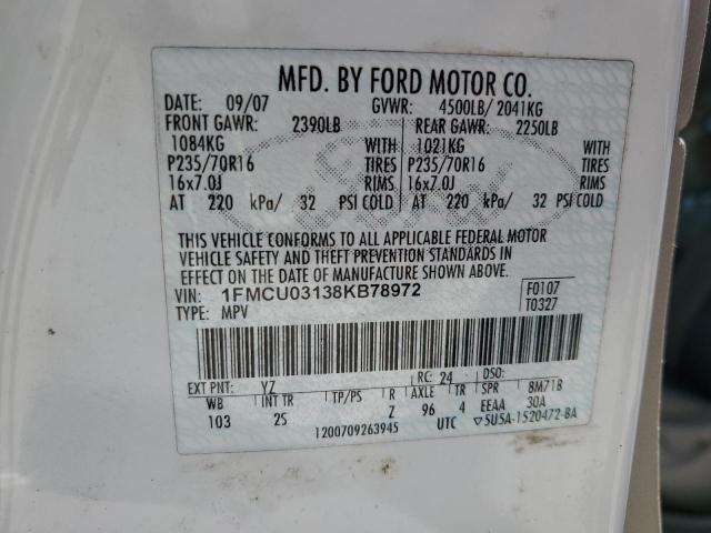 1FMCU03138KB78972 - 2008 FORD ESCAPE XLT WHITE photo 13