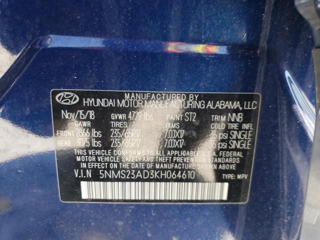 5NMS23AD3KH064610 - 2019 HYUNDAI SANTA FE SE BLUE photo 13