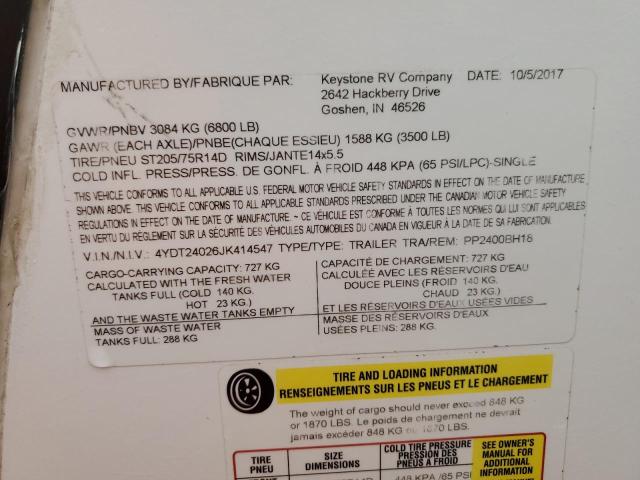 4YDT24026JK414547 - 2018 PASSPORT TRAVELTRLR BEIGE photo 10